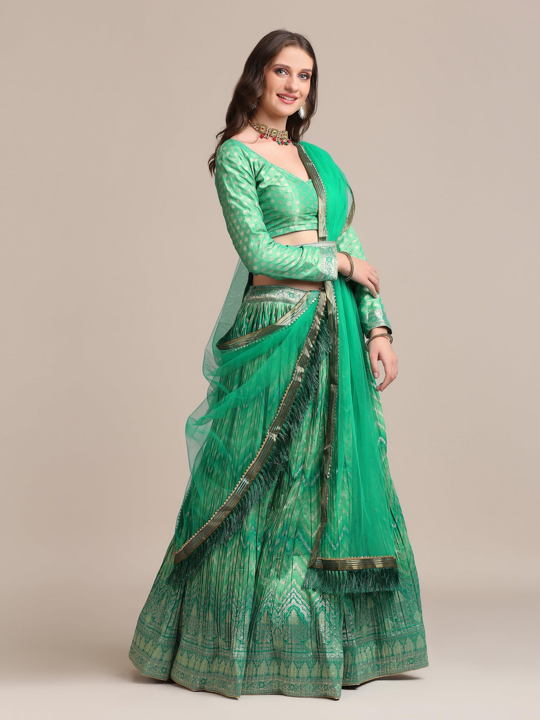 Green Gold Woven and Pleated Lehenga Choli - Indiakreations