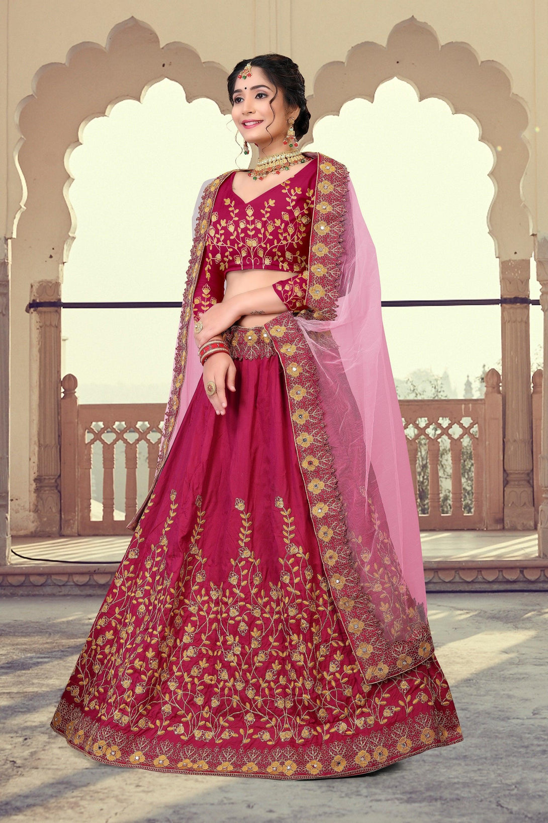 Pink Taffeta Silk Gold Embroidered Lehenga Choli - Indiakreations