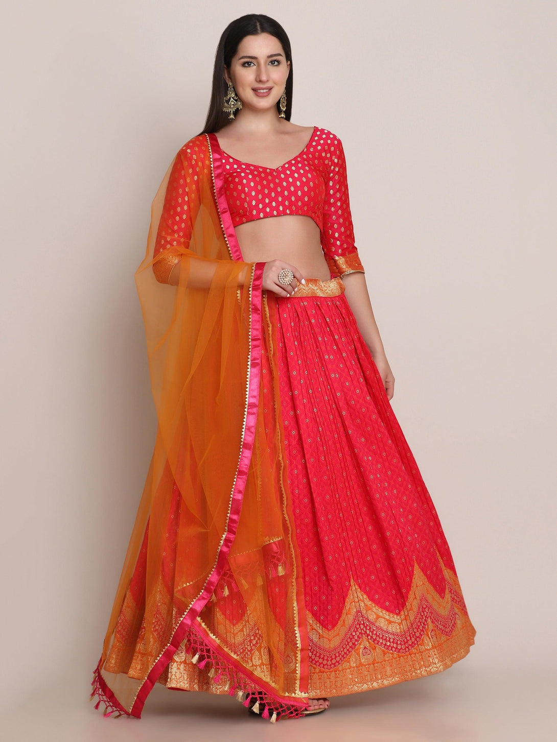 Pink Silk Blend Lehenga Choli with Gold Zari Work - Indiakreations