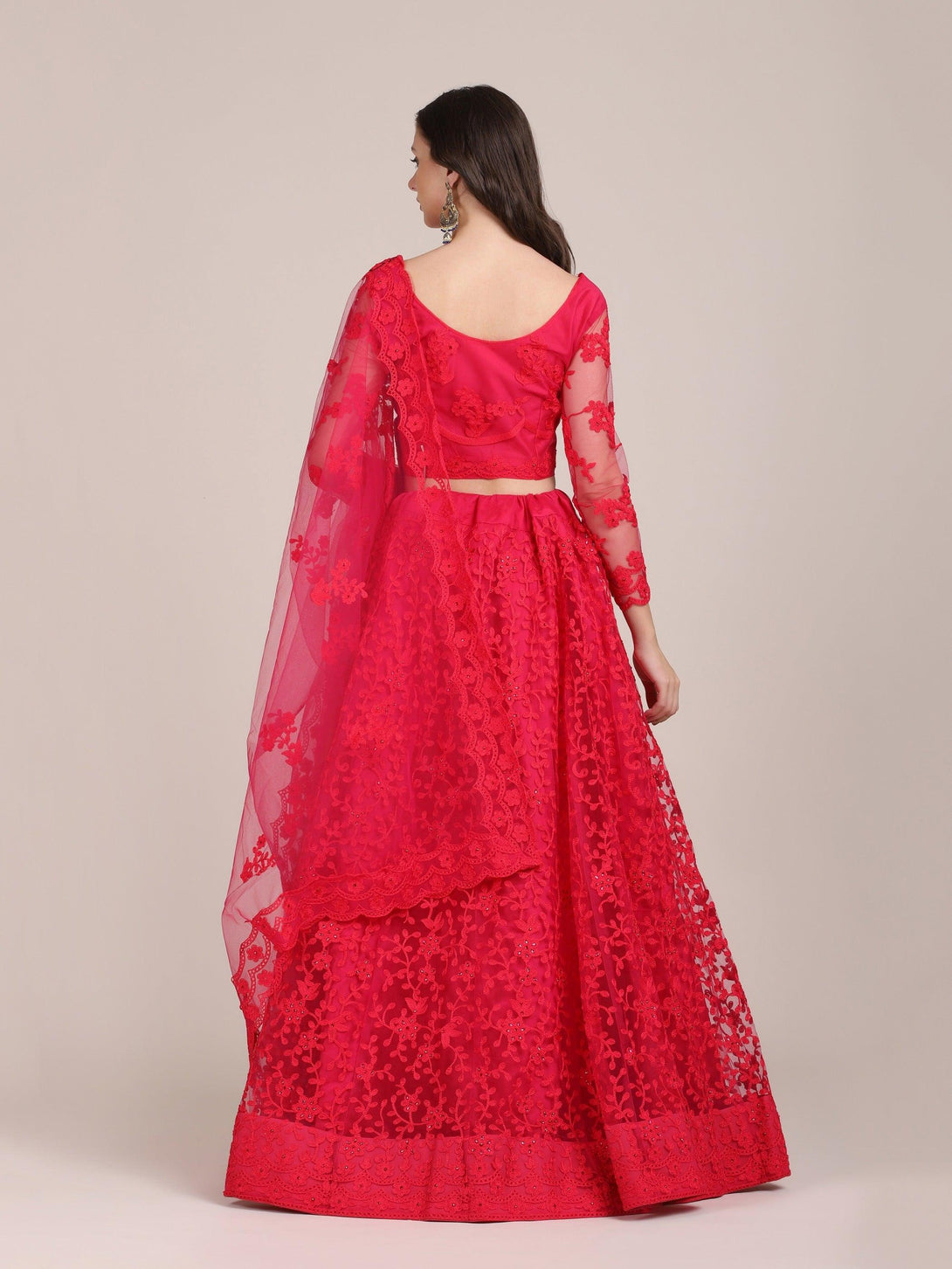 Hot Pink Net Lehenga Choli with Floral Embroidery - Indiakreations