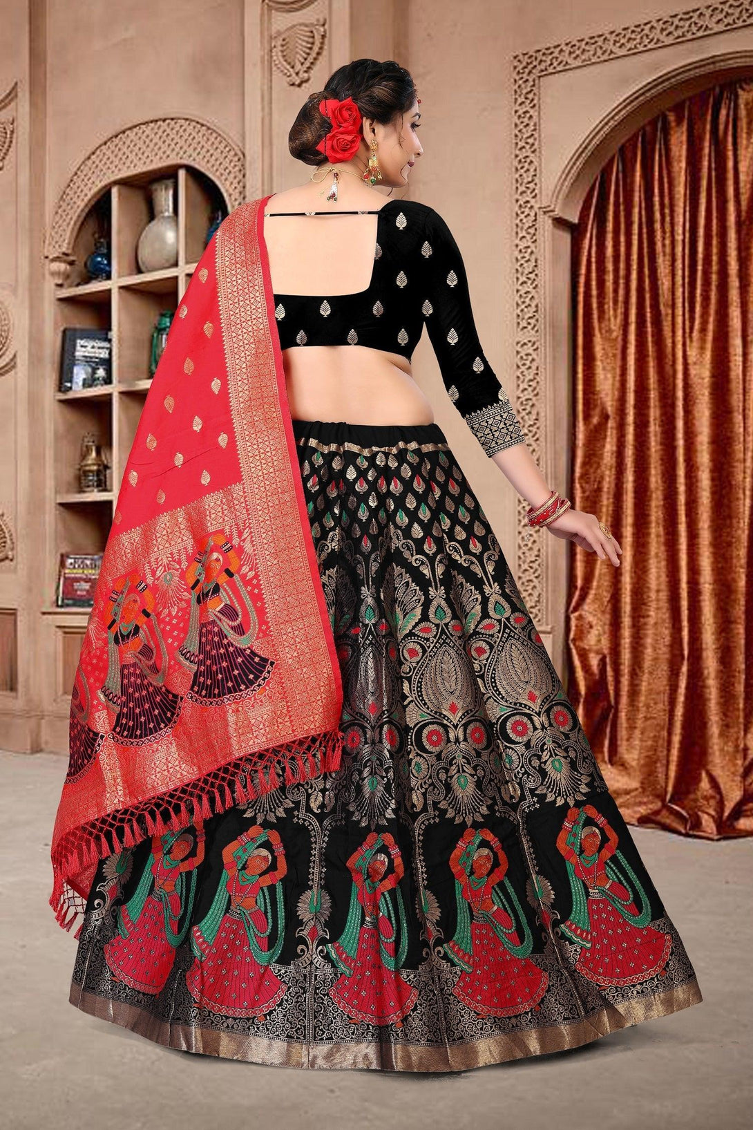 Black Jacquard Silk Lehenga Choli with Emboidery - Indiakreations