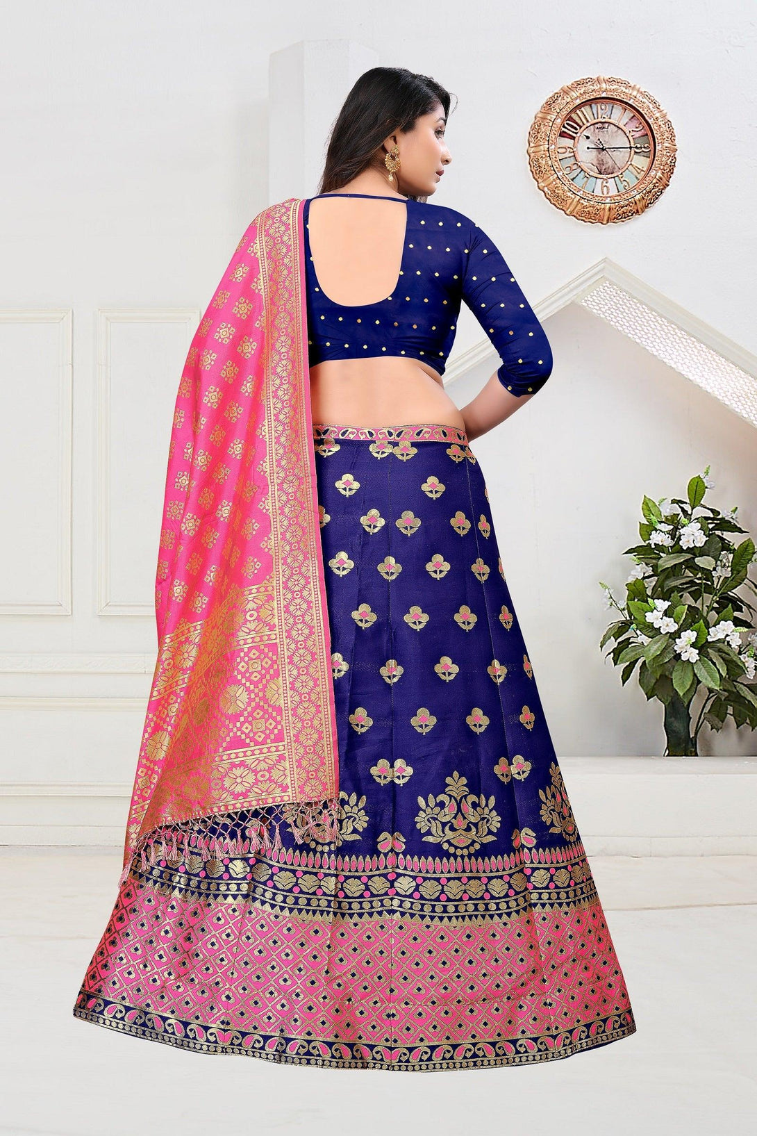 Multi Coloured Jacquard Silk Lehenga Choli with Gold Weaving - Indiakreations