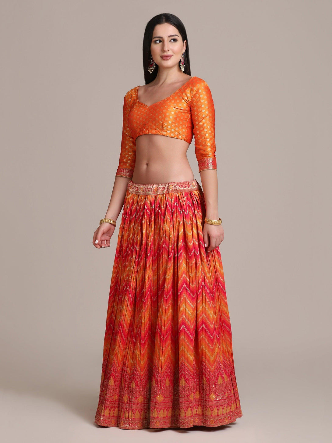 Orange Silk Blend Pleated Lehenga Choli with Zari Work - Indiakreations