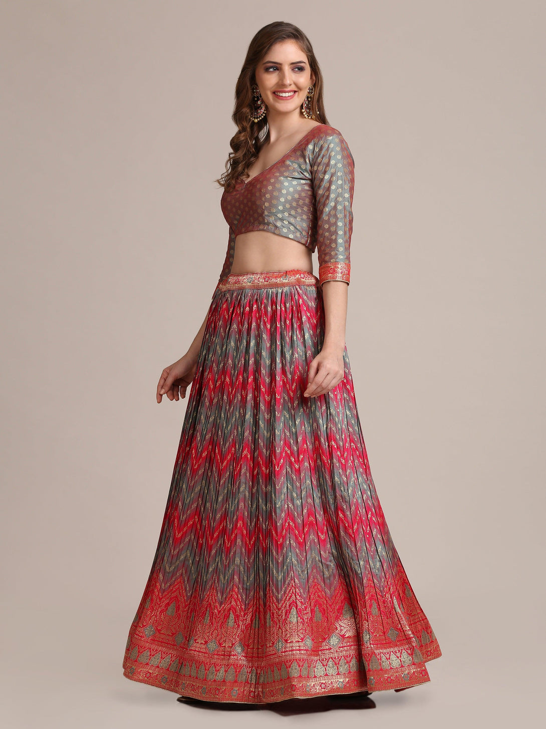 Orange Multi Colour Gold Woven Pleated Lehenga Choli - Indiakreations