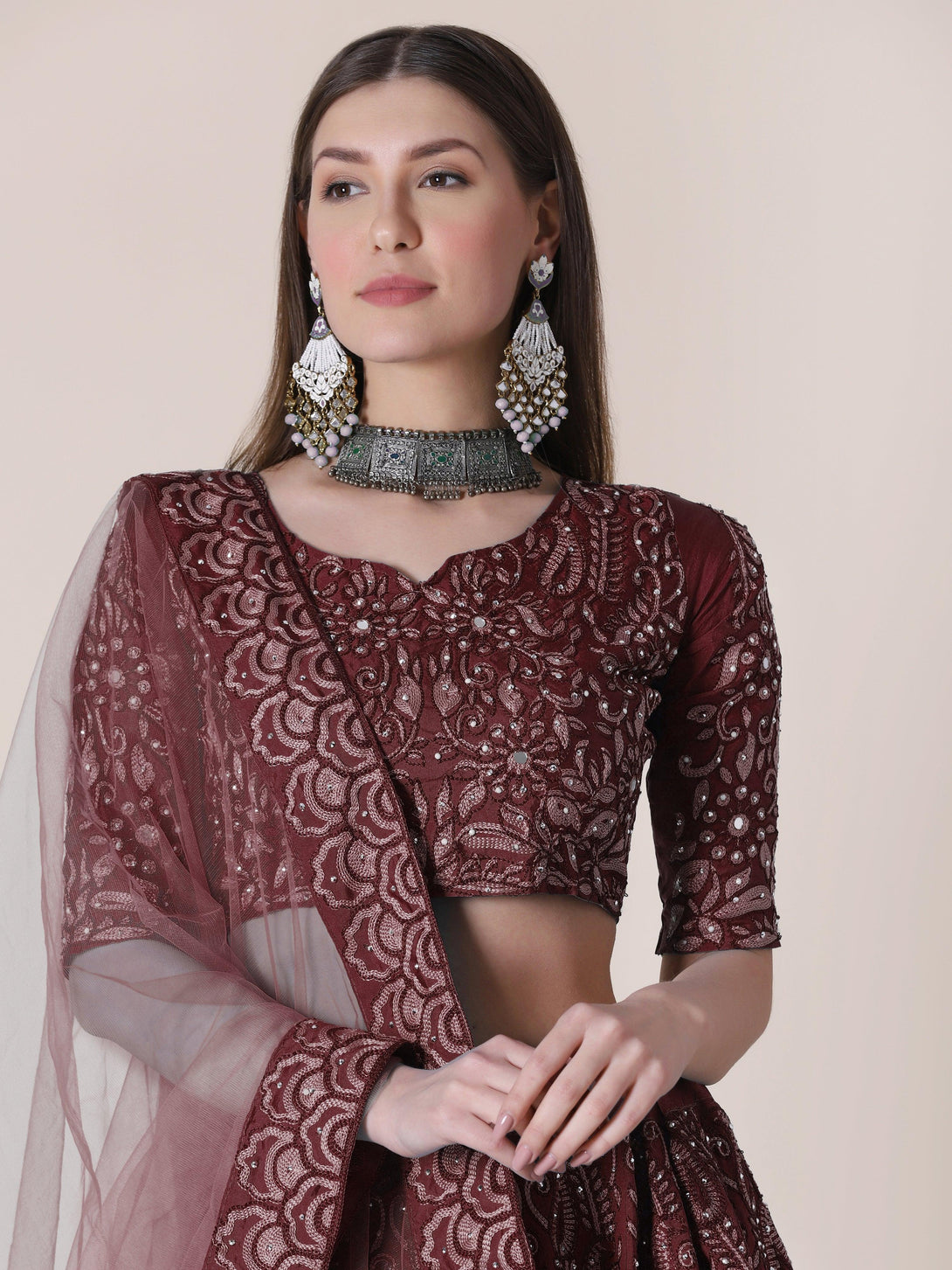 Maroon Taffeta Silk Lehenga Choli with Floral Embroidery - Indiakreations