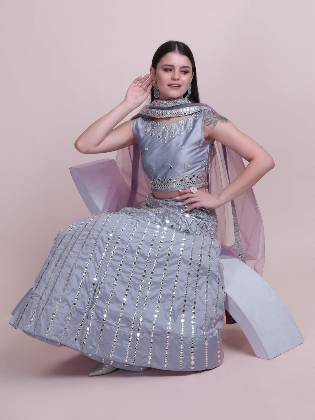 Grey Taffeta Silk Lehenga Choli with Mirror-Work - Indiakreations