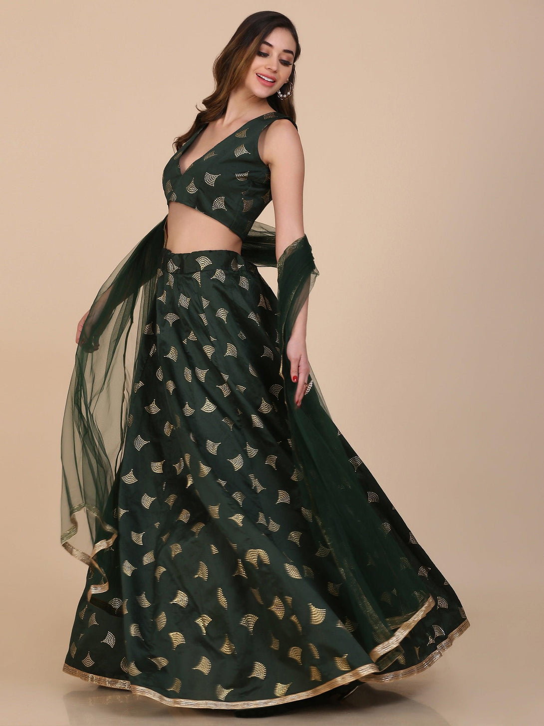 Green Taffeta Silk Lehenga Choli with Foil Work - Indiakreations