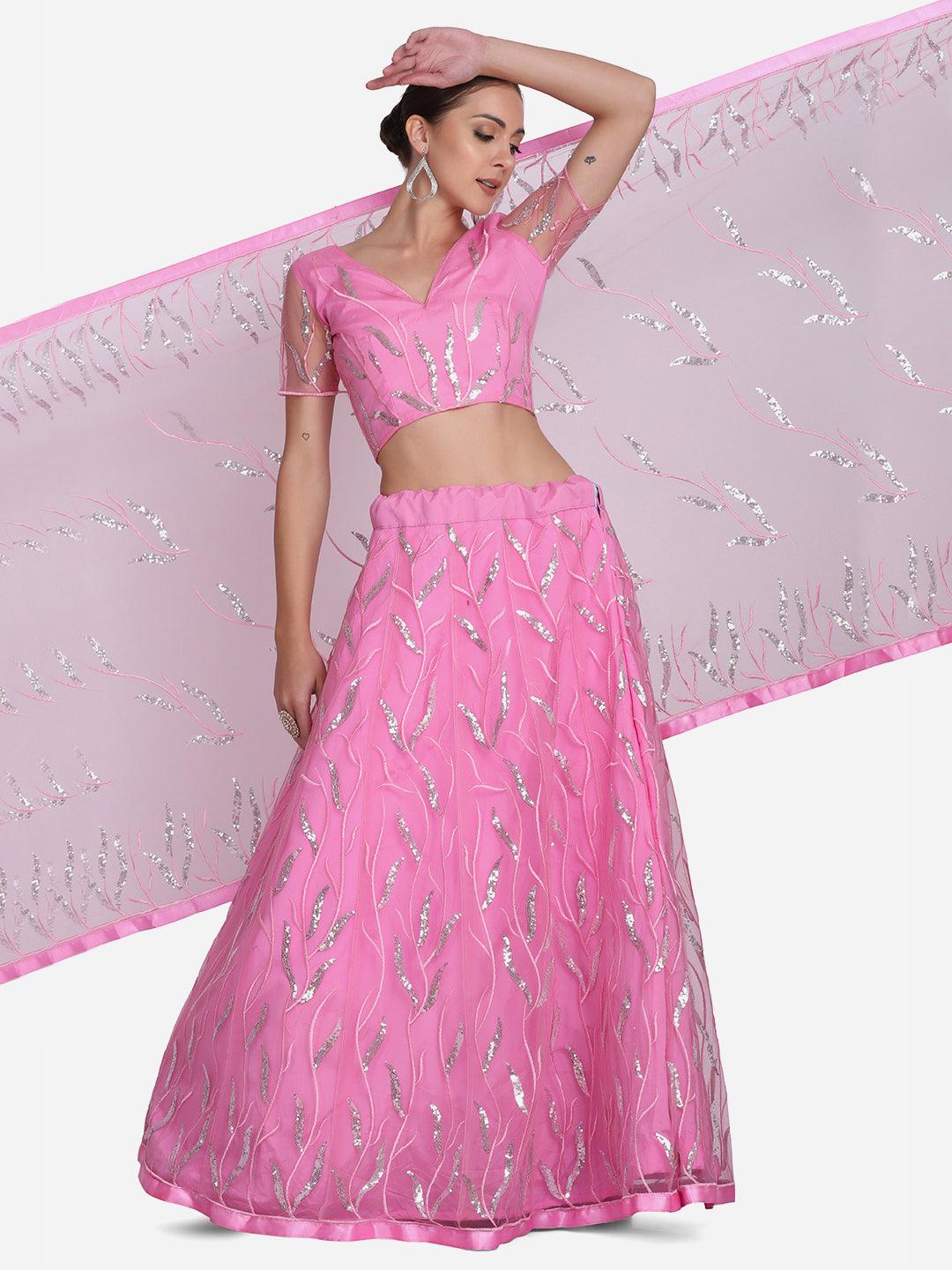 Light Pink Heavy Net Lehenga Choli Semi-Stitched - Indiakreations