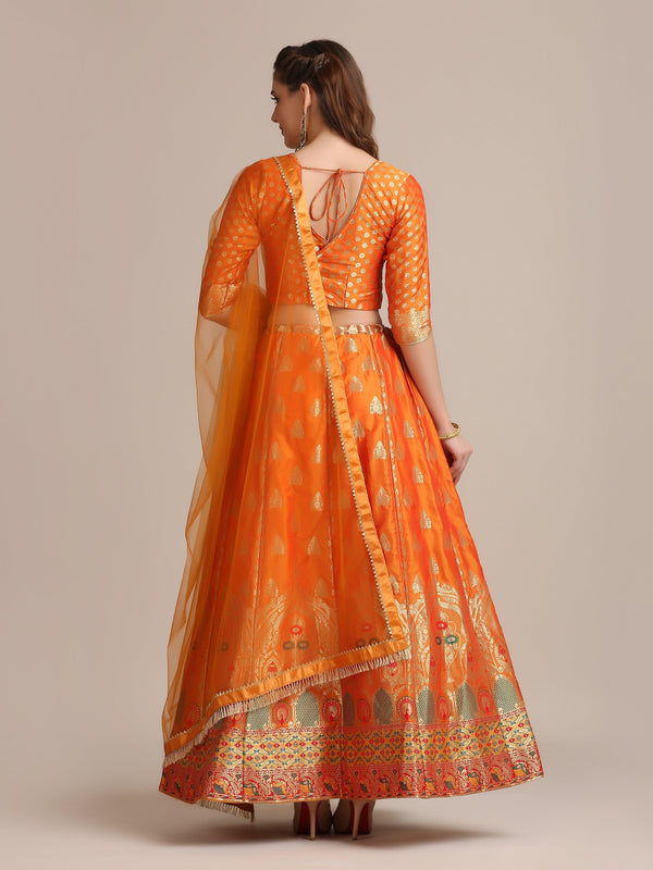 Mustard Jacquard Silk Lehenga Choli with Green and Gold Woven Work - Indiakreations