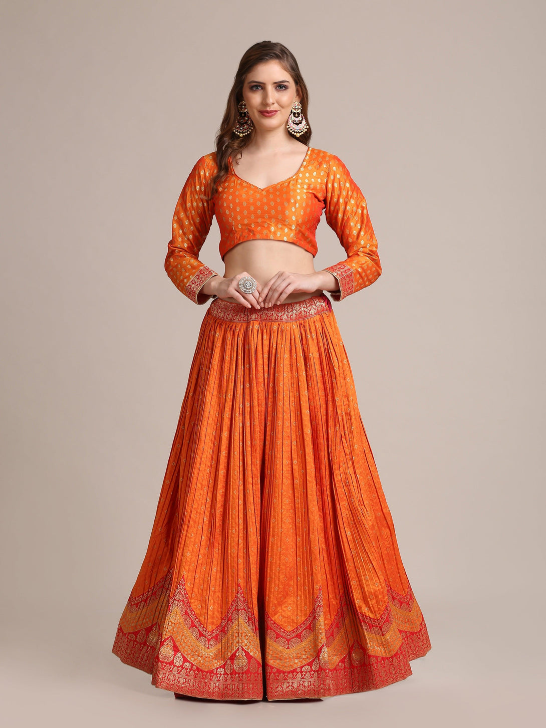 Orange Gold Woven Pleated Lehenga Choli in Ethnic Pattern - Indiakreations