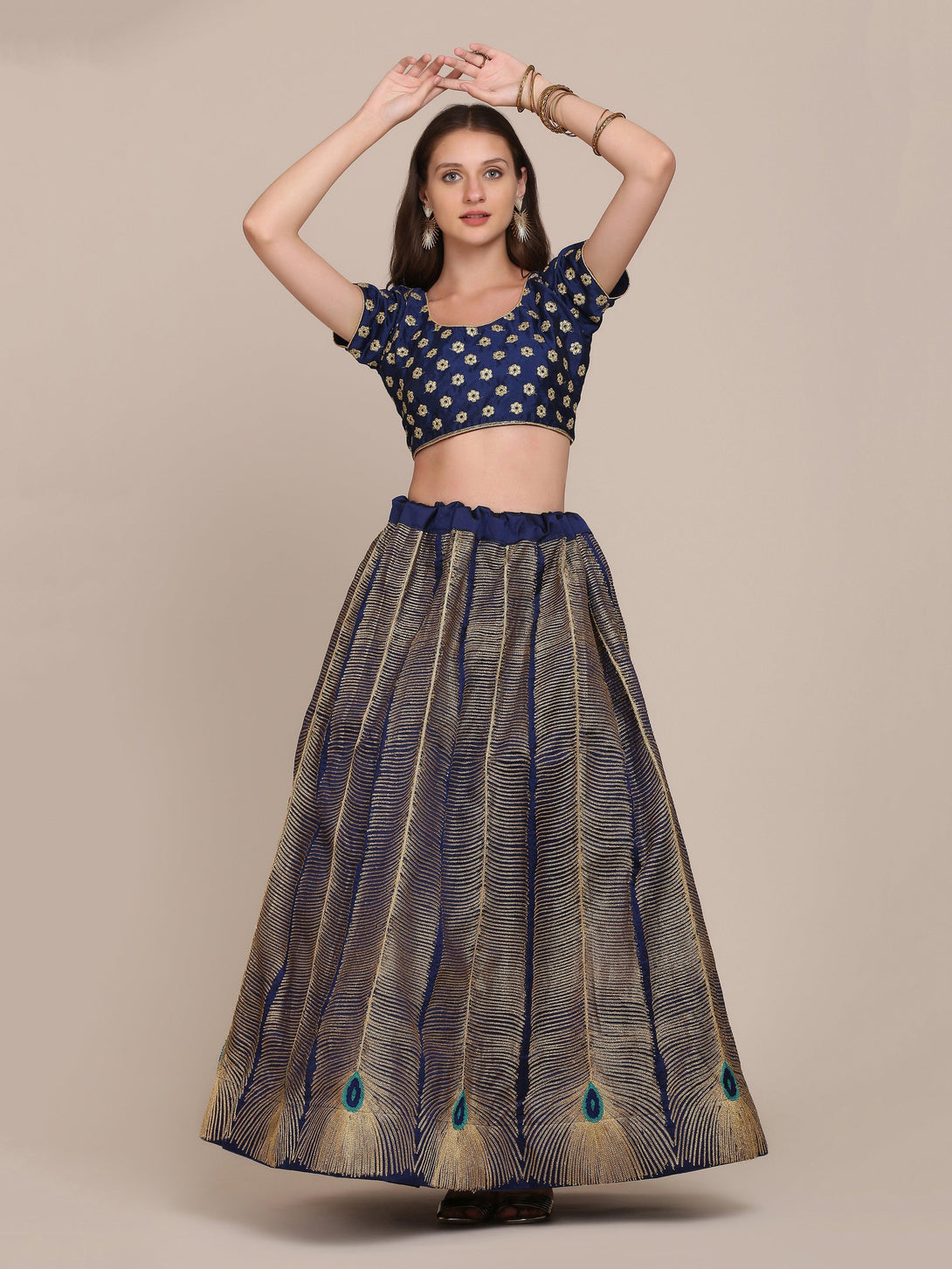 Navy Blue Morpankh Print Banglory Silk Lehenga Choli - Indiakreations