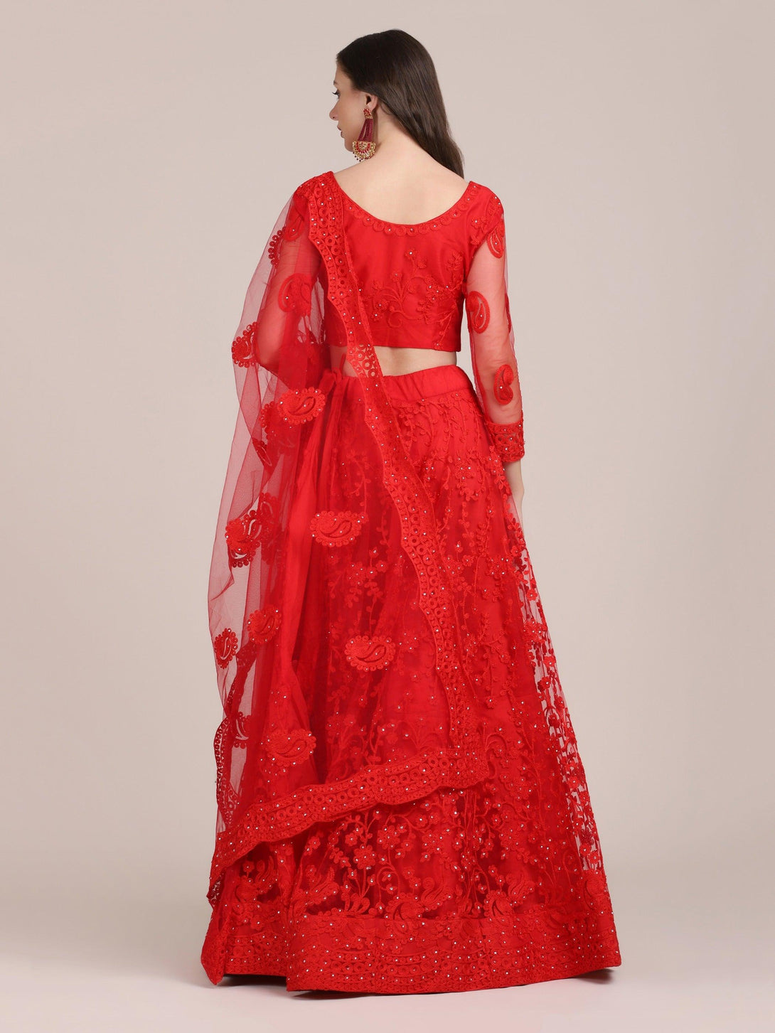 Red Net Lehenga Choli with Floral Embroidery - Indiakreations