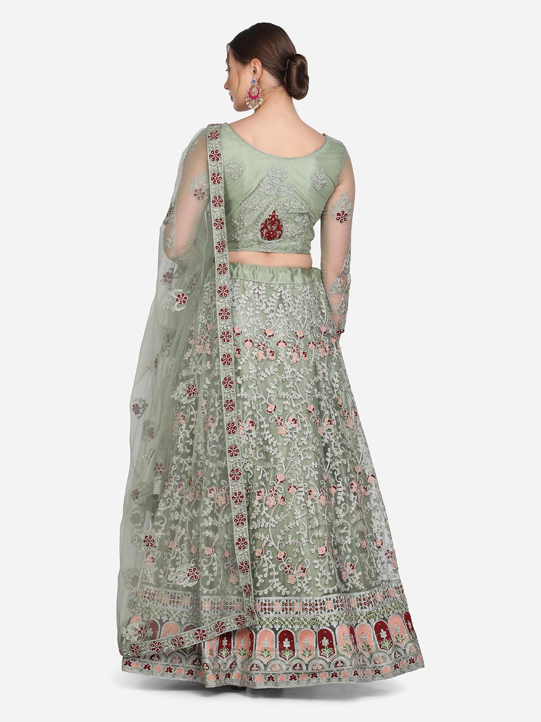 Light Green Net Lehenga Choli with Floral Embroidery - Indiakreations