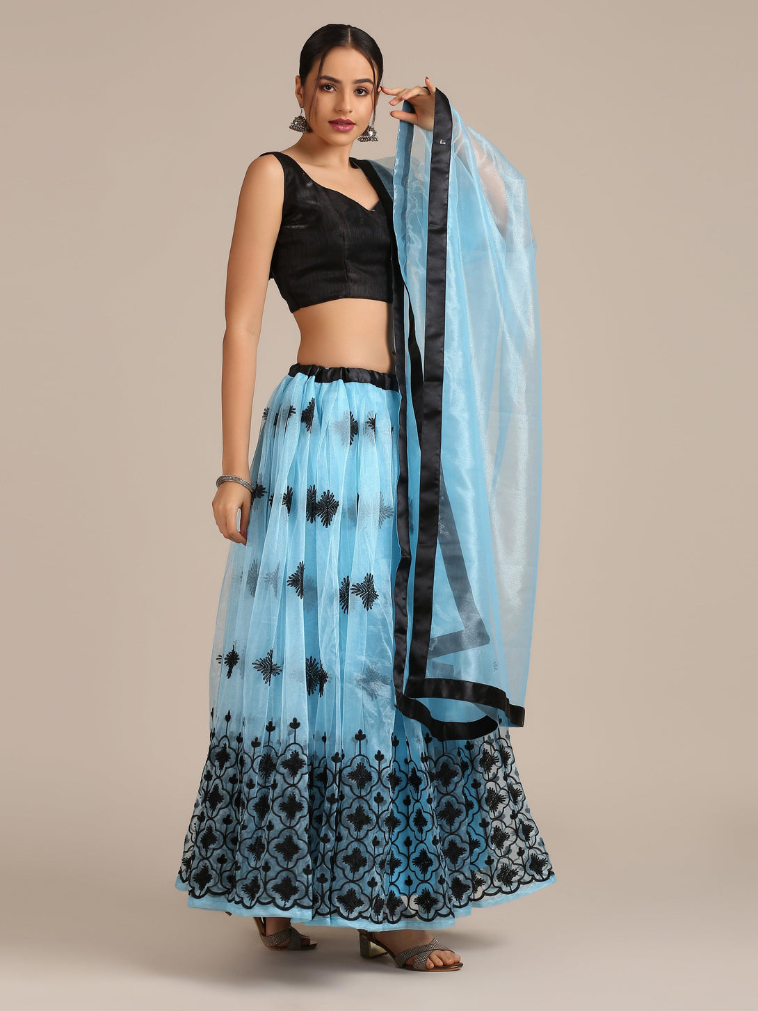 Light Blue Heavy Net Lehenga Choli Semi-Stitched - Indiakreations