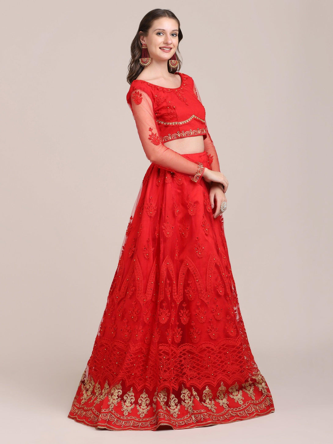 Red Semi-Stitched Net Lehenga Choli with Golden Embroidery - Indiakreations