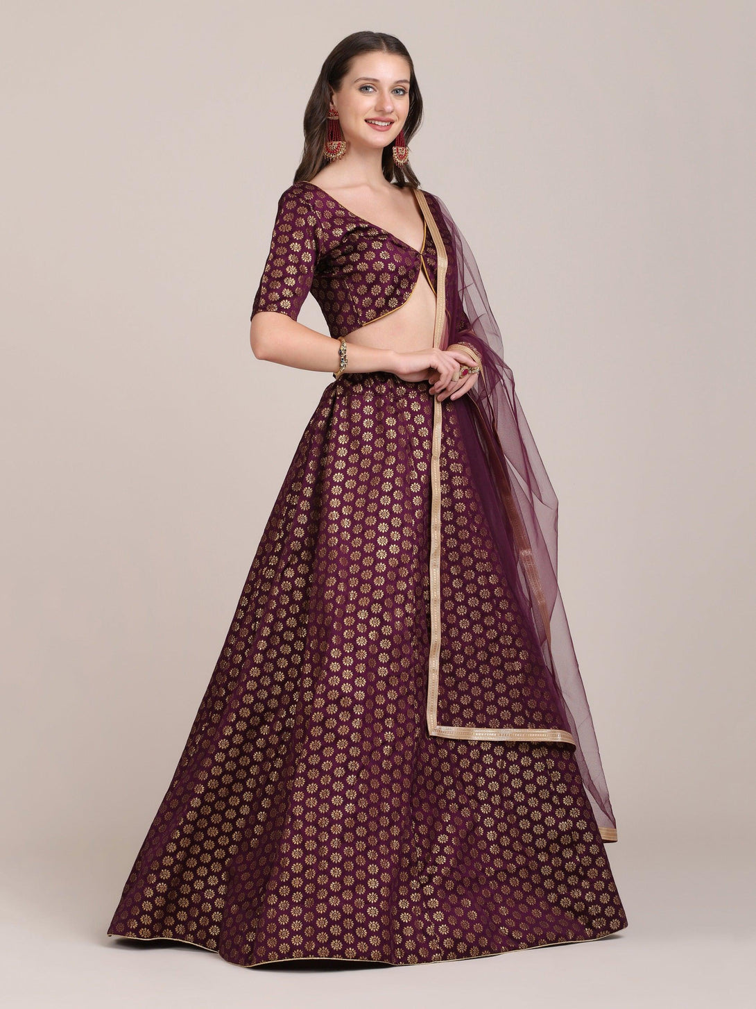 Purple Jacquard Silk Lehenga Choli with Zari Work - Indiakreations