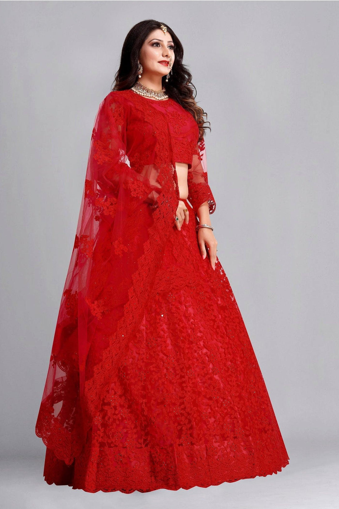 Red Net Lehenga Choli with Detailed Floral Embroidery - Indiakreations