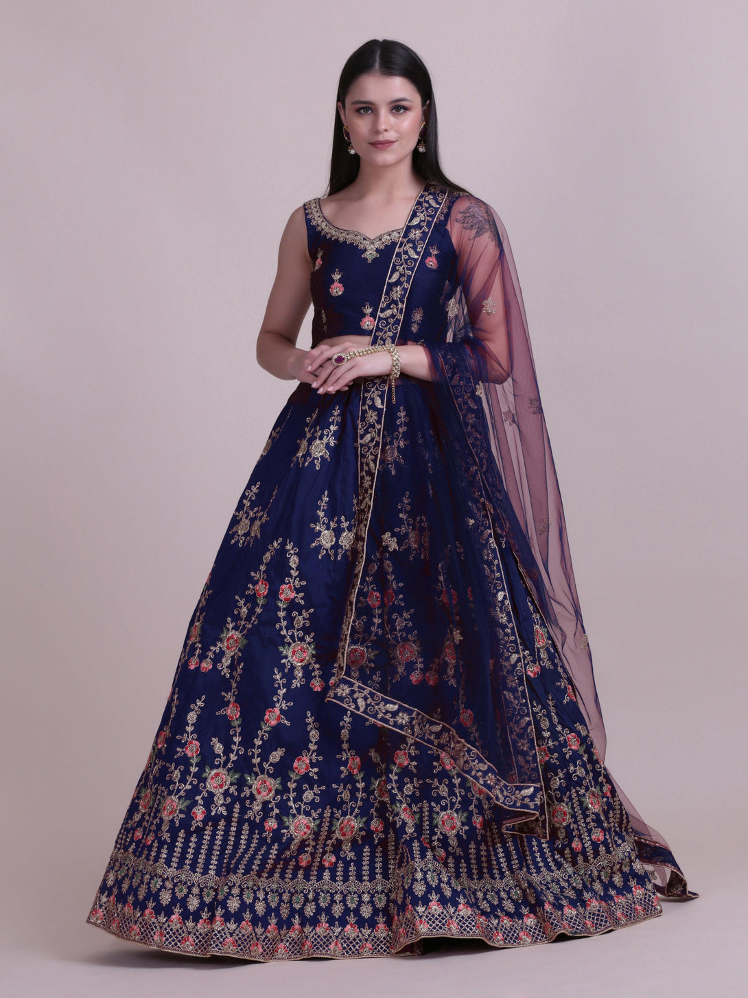Blue Taffeta Silk Lehenga Choli with Emboidery - Indiakreations
