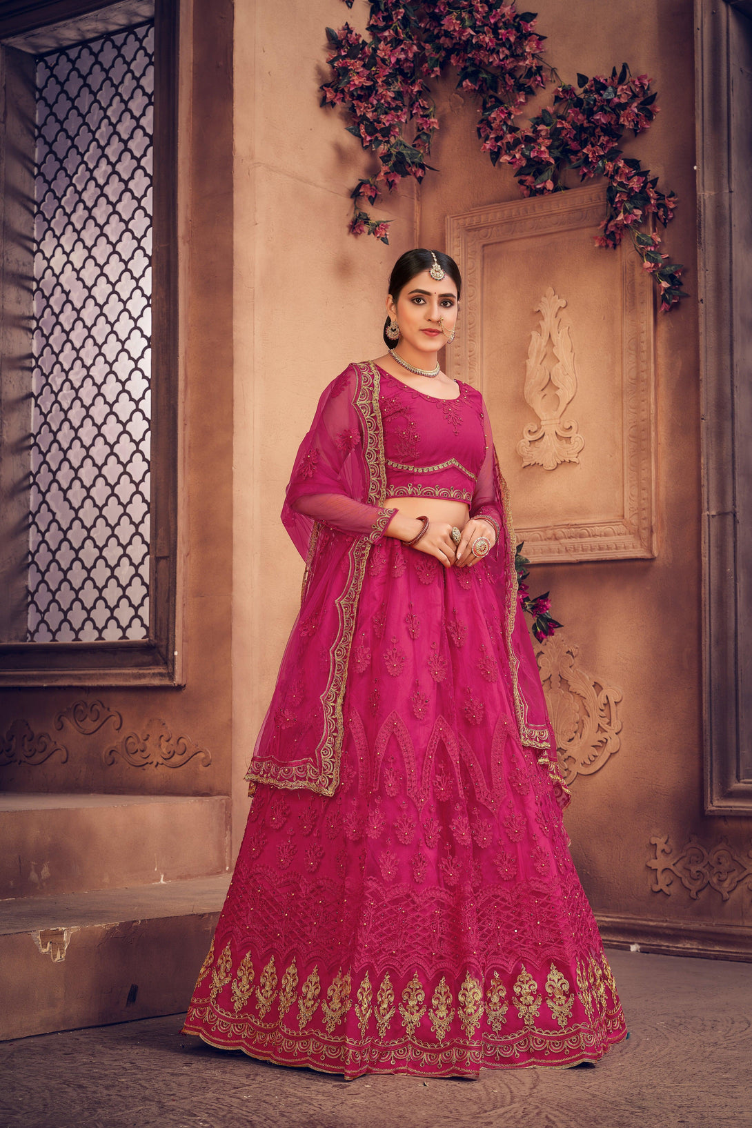 Pink Heavy Net Lehenga Choli with Gold Embroidery - Indiakreations