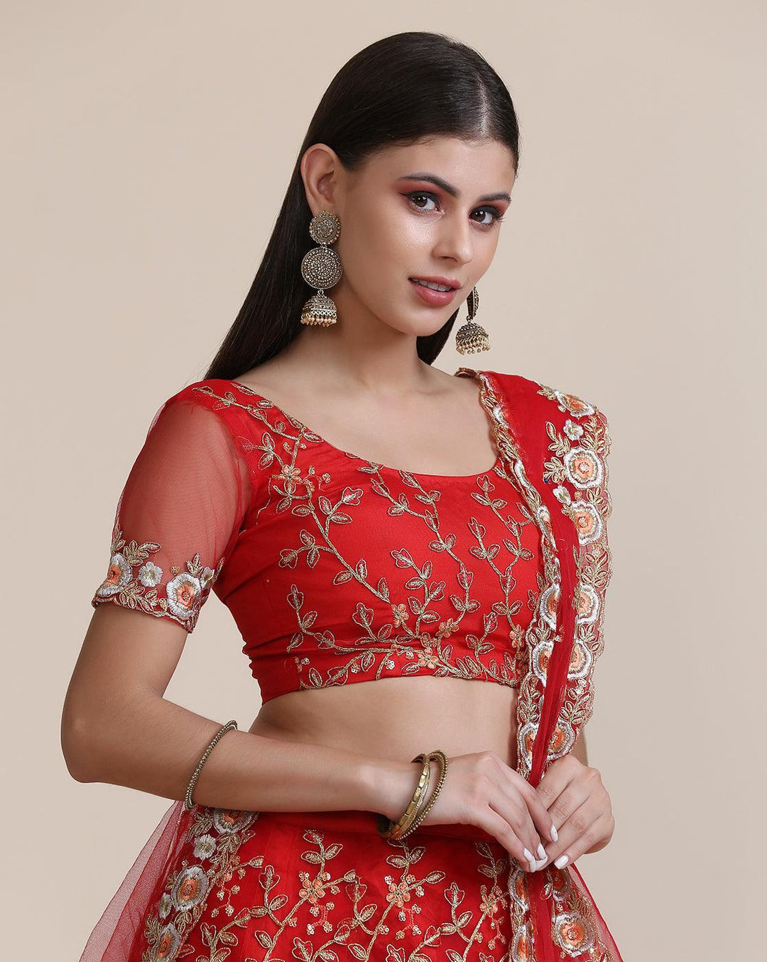 Red Net Lehenga Choli with Heavy Gold Embroidery - Indiakreations