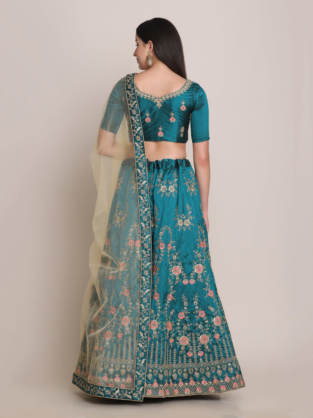 Sea Green Taffeta Silk Embroidered Lehenga Choli - Indiakreations