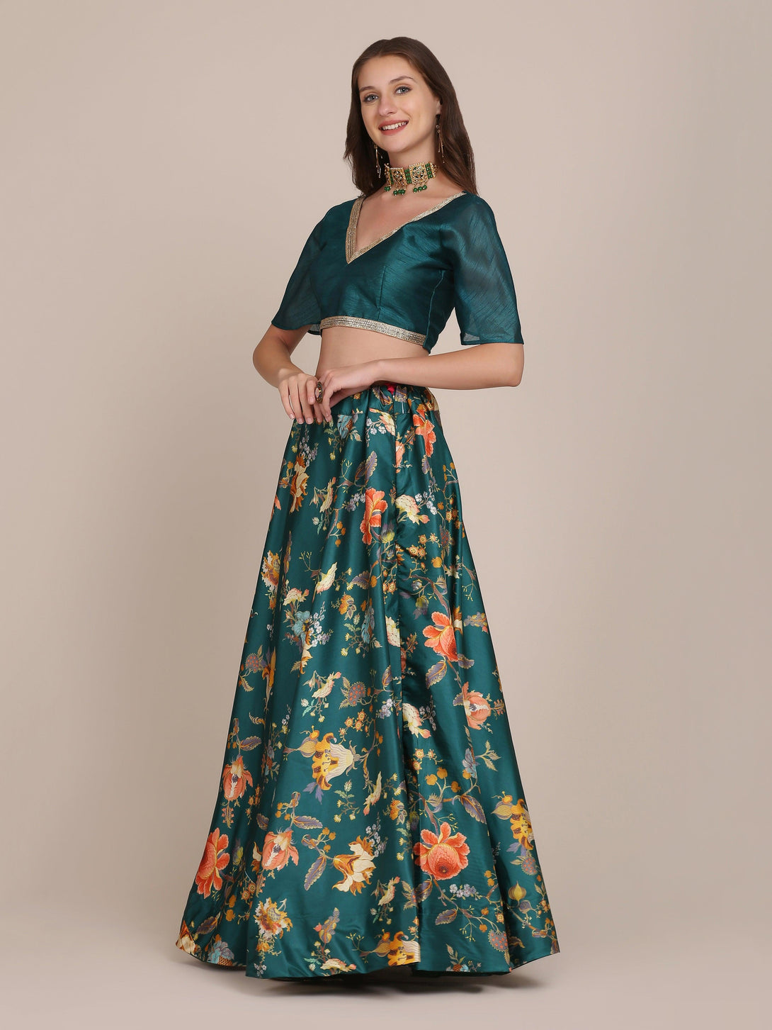 Sea Green Floral Print Banglory Silk Lehenga Choli - Indiakreations