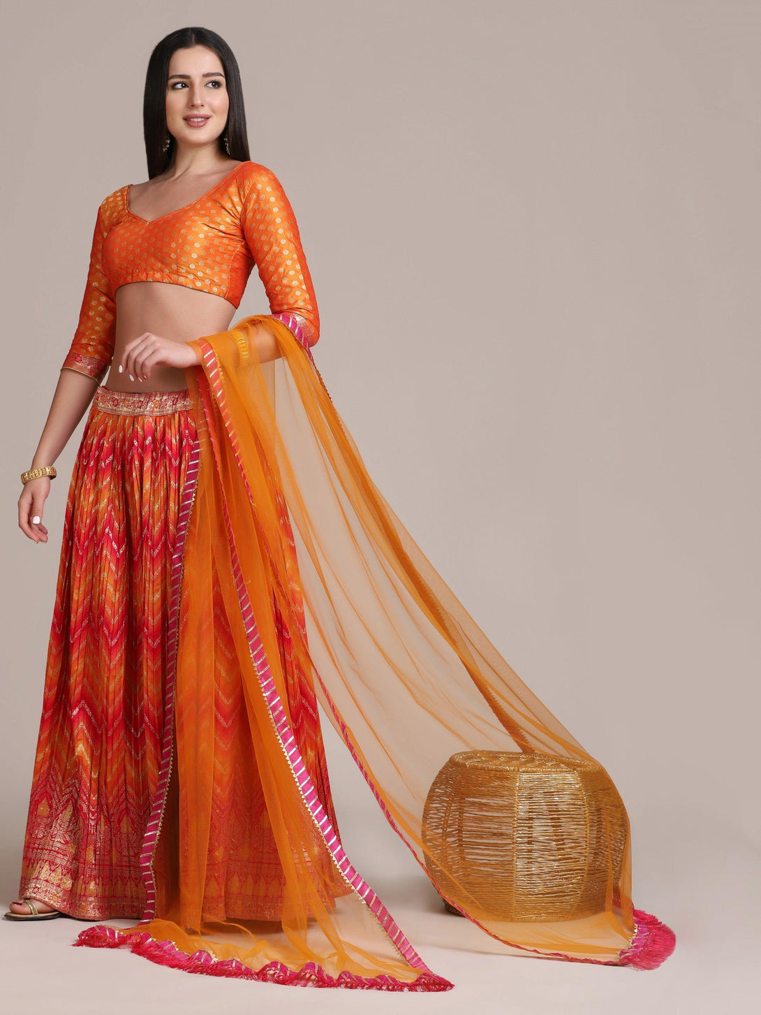 Orange Silk Blend Pleated Lehenga Choli with Zari Work - Indiakreations