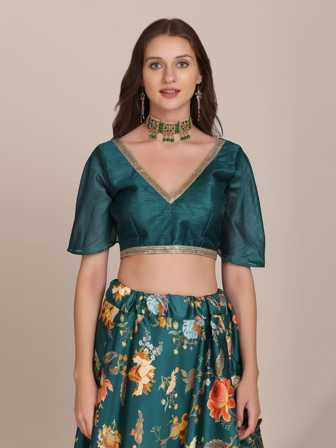 Sea Green Floral Print Banglory Silk Lehenga Choli - Indiakreations