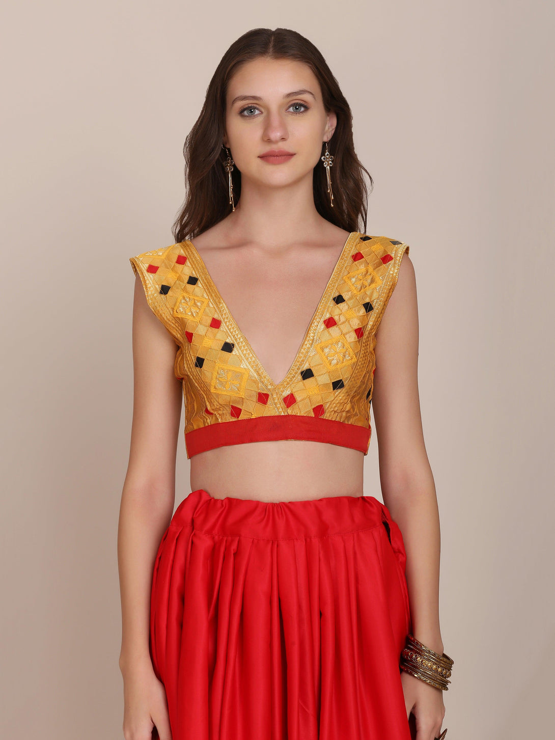 Red and Yellow Satin Silk Lehenga Choli - Indiakreations