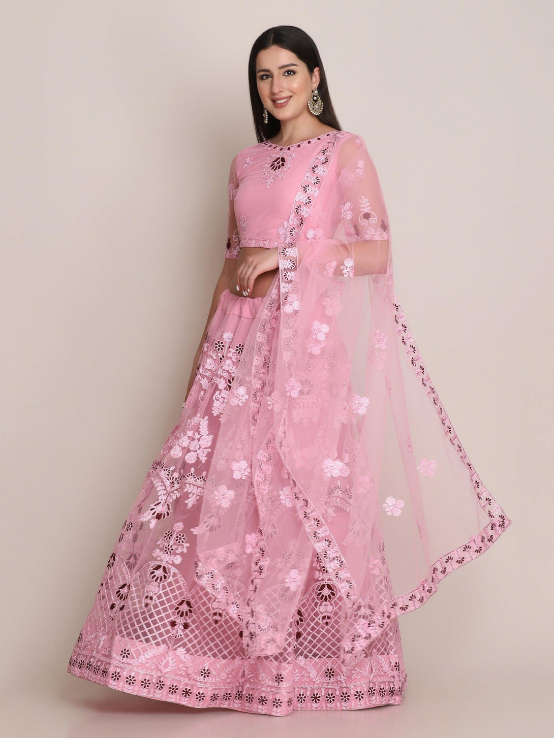 Light Pink Net Lehenga Choli with Floral Embroidery - Indiakreations