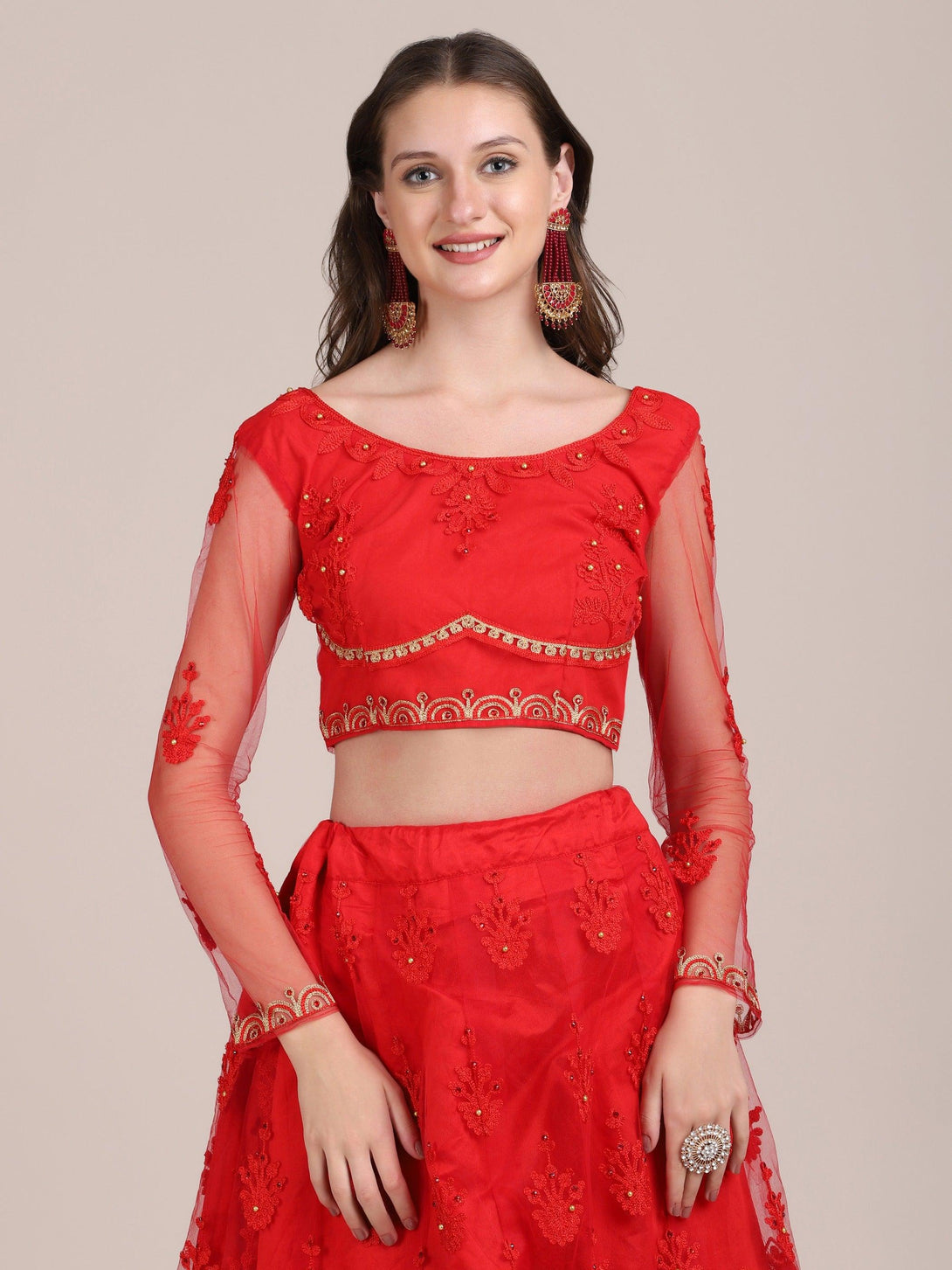 Red Semi-Stitched Net Lehenga Choli with Golden Embroidery - Indiakreations