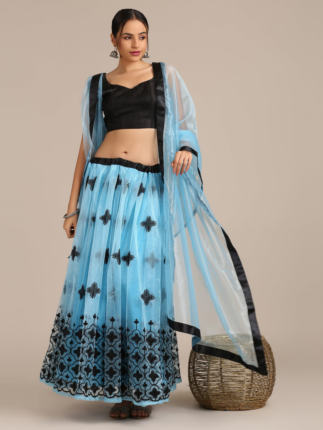 Light Blue Heavy Net Lehenga Choli Semi-Stitched - Indiakreations