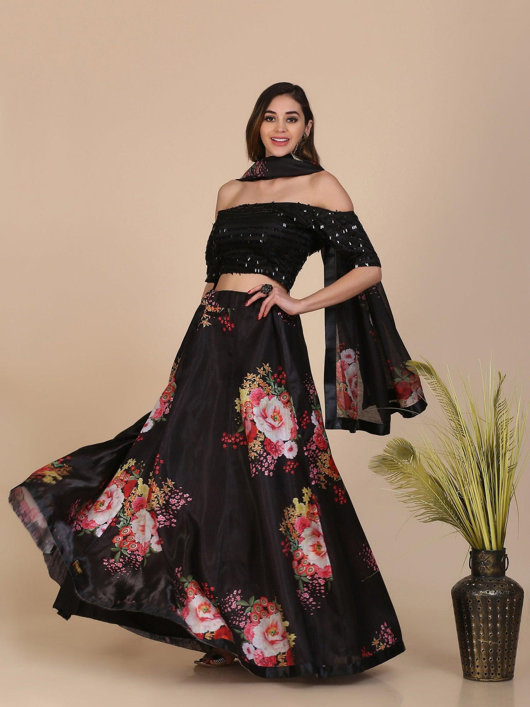 Black Floral Print Banglory Silk Lehenga Choli - Indiakreations