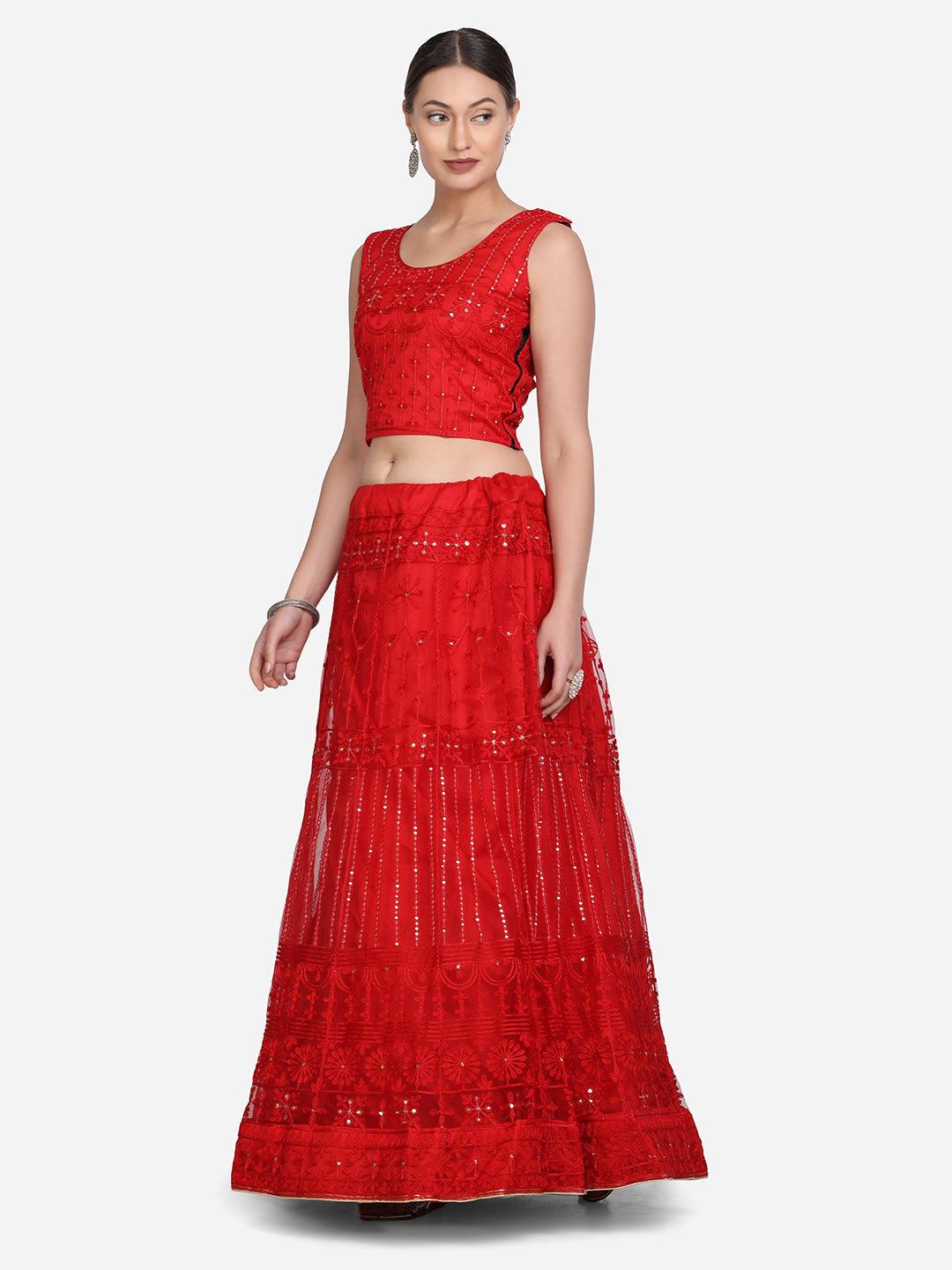 Heavy Net Lehenga Choli with Ethinc Embroidery in Red - Indiakreations