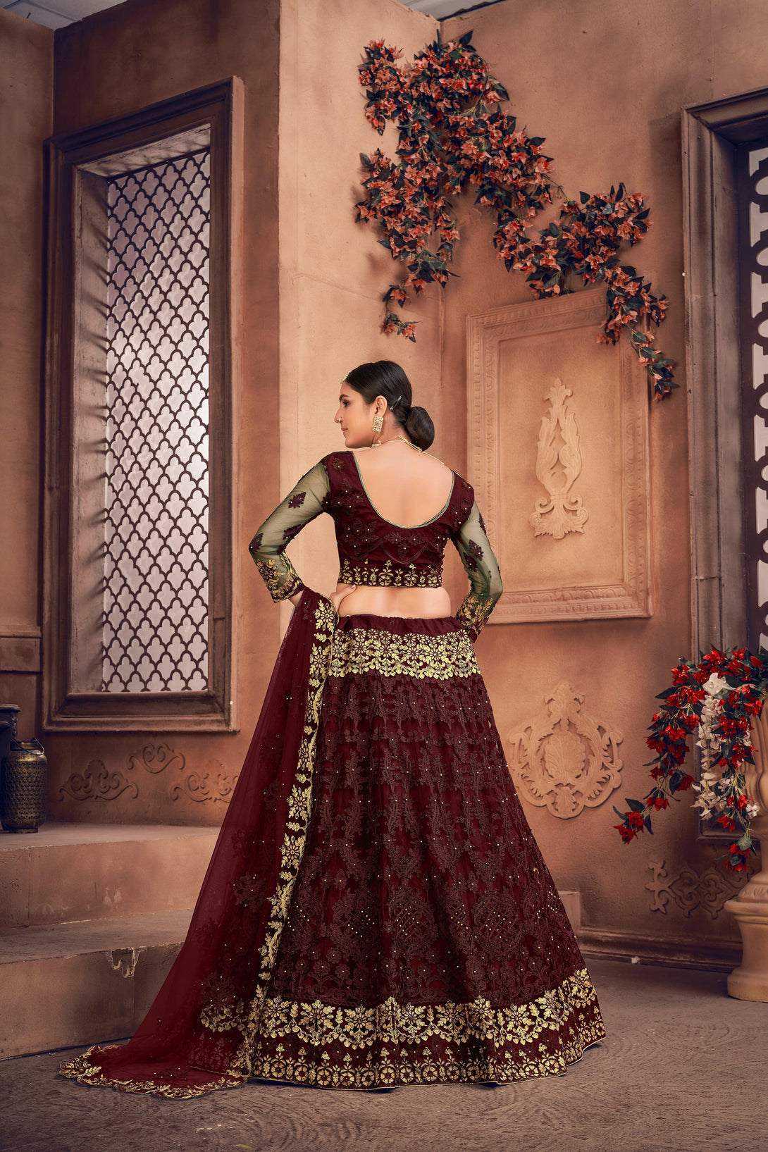 Maroon Heavy Net Lehenga Choli Semi-Stitched - Indiakreations