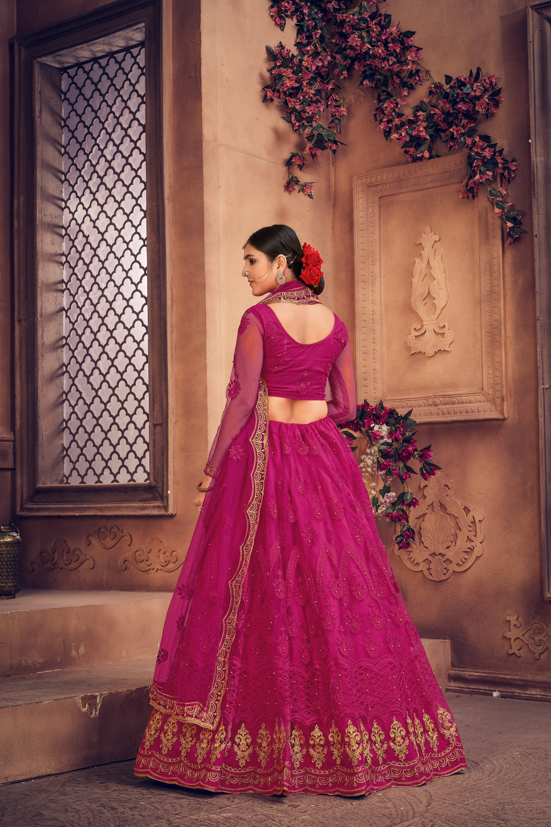 Pink Heavy Net Lehenga Choli with Gold Embroidery - Indiakreations