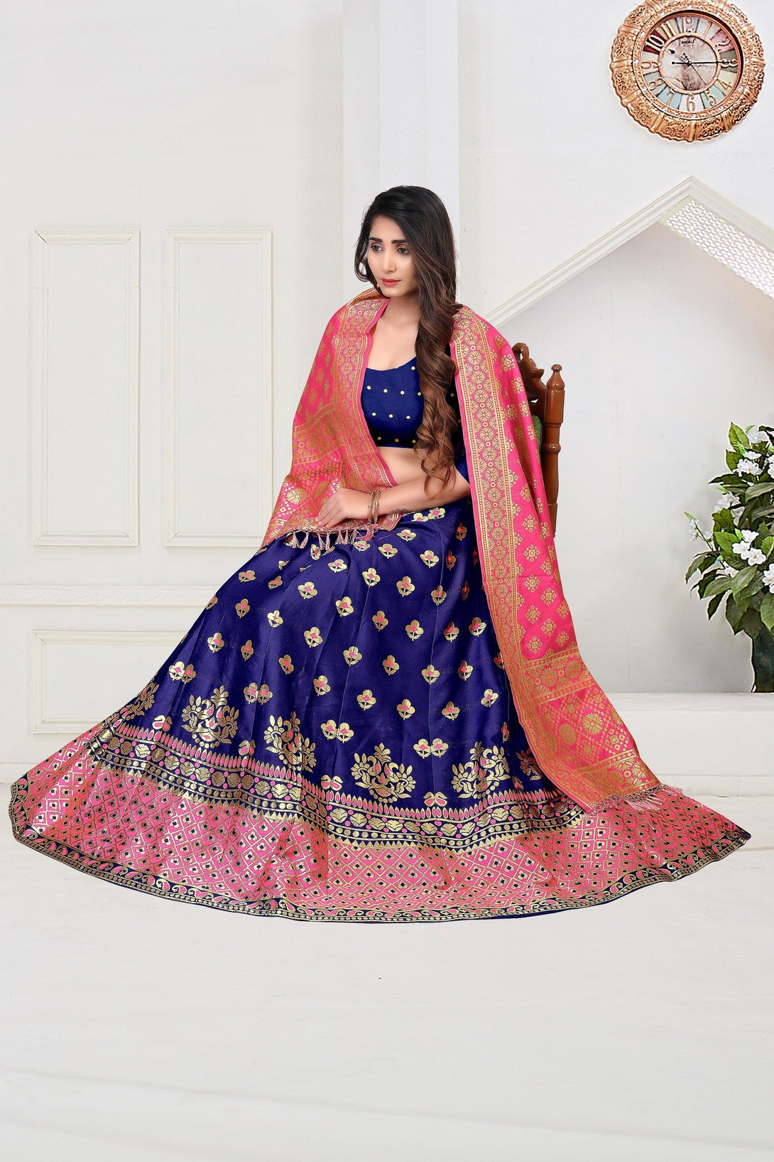 Multi Coloured Jacquard Silk Lehenga Choli with Gold Weaving - Indiakreations