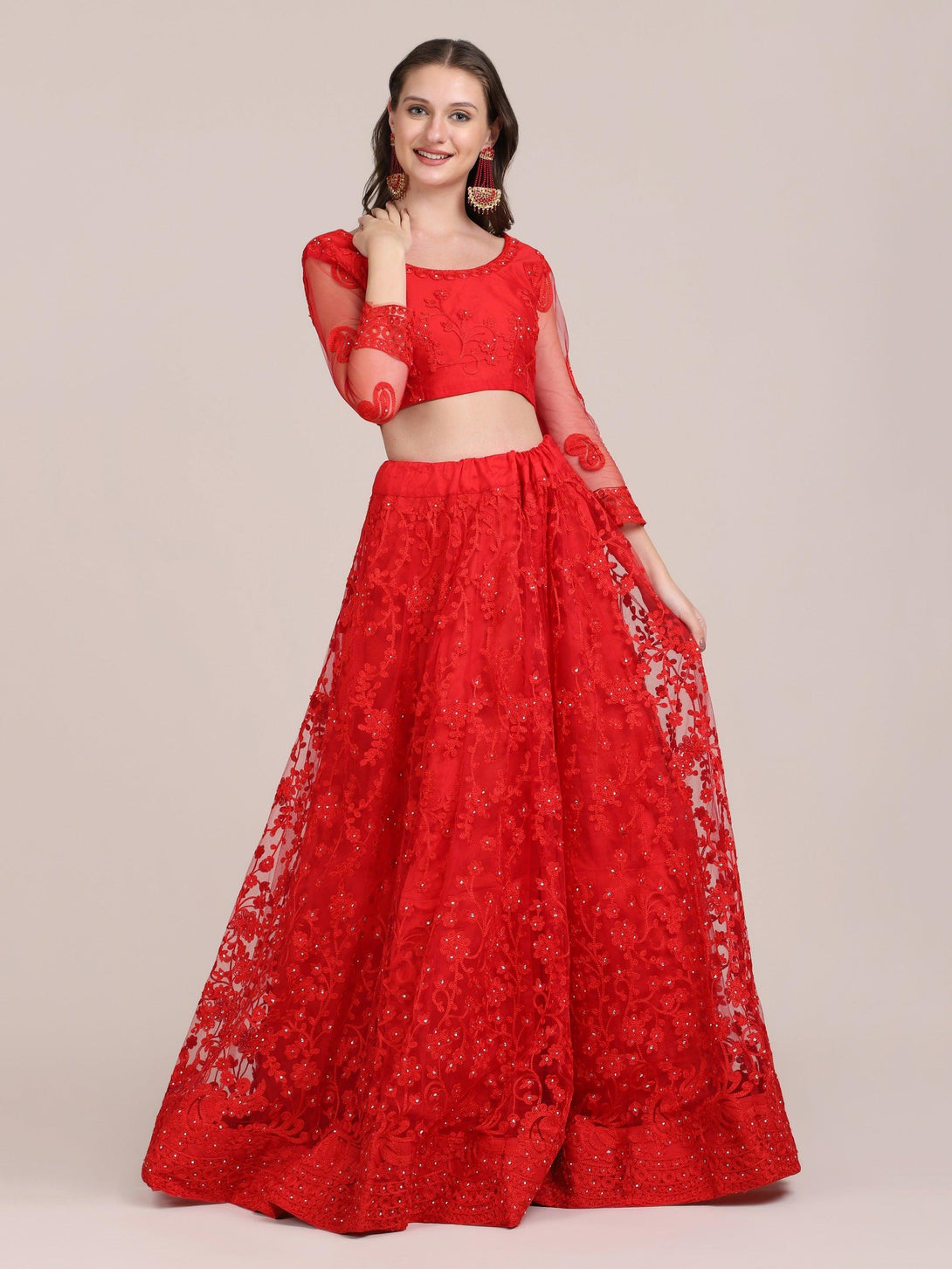 Red Net Lehenga Choli with Floral Embroidery - Indiakreations