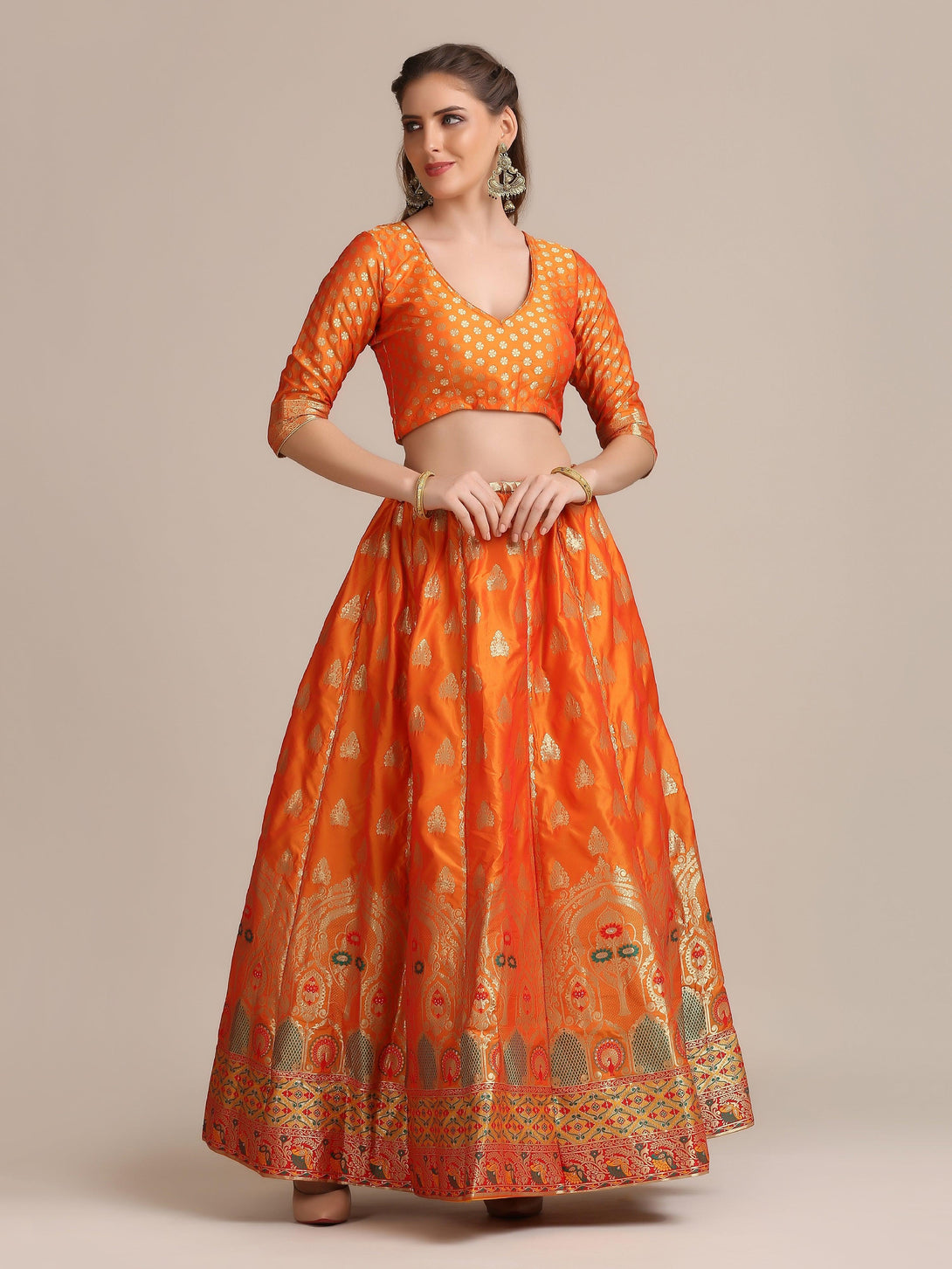 Mustard Jacquard Silk Lehenga Choli with Green and Gold Woven Work - Indiakreations