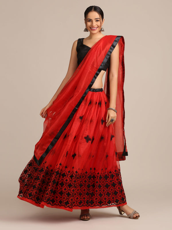 Semi-Stitched Red and Black Heavy Net Lehenga Choli - Indiakreations