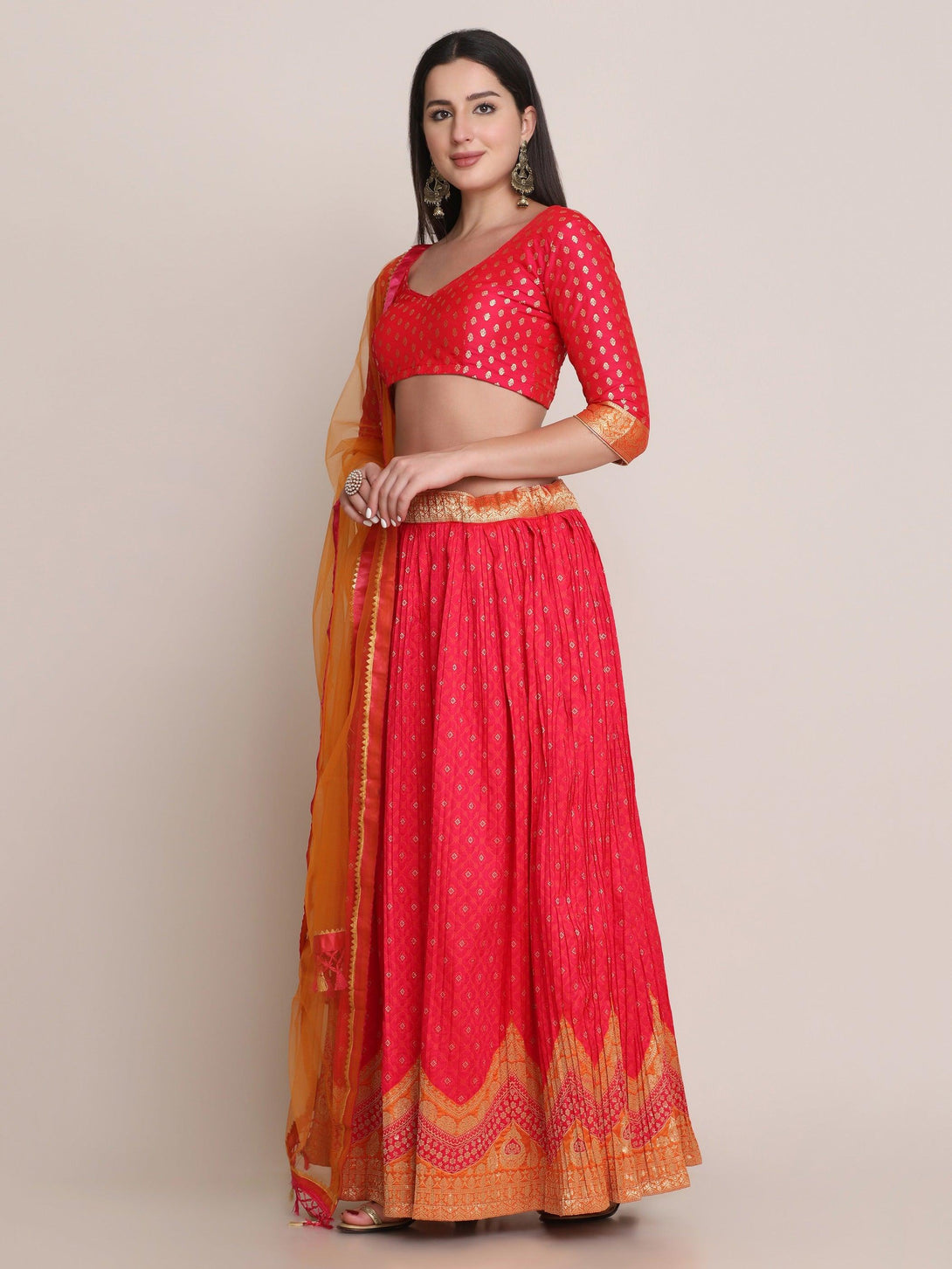 Pink Silk Blend Lehenga Choli with Gold Zari Work - Indiakreations