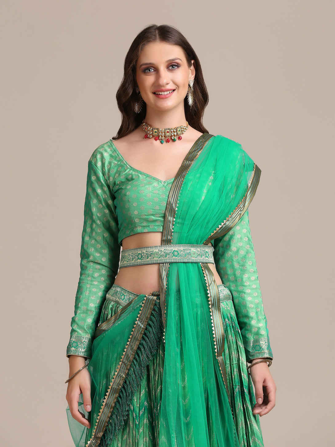 Green Gold Woven and Pleated Lehenga Choli - Indiakreations