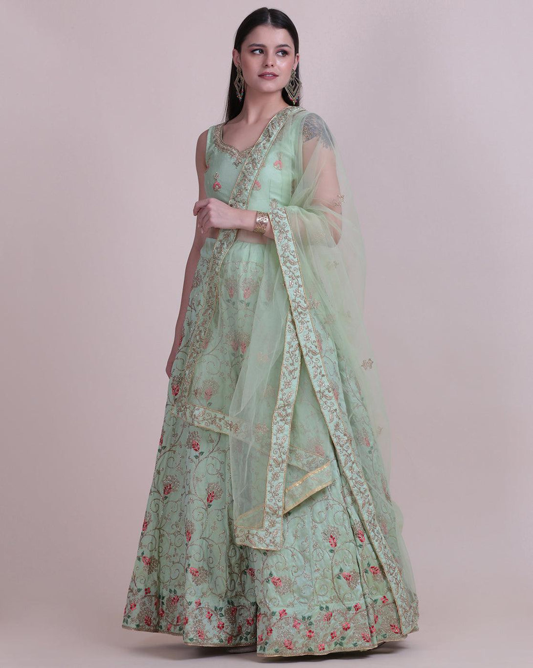 Light Green Taffeta Silk Lehenga Choli with Floral Embroidery - Indiakreations