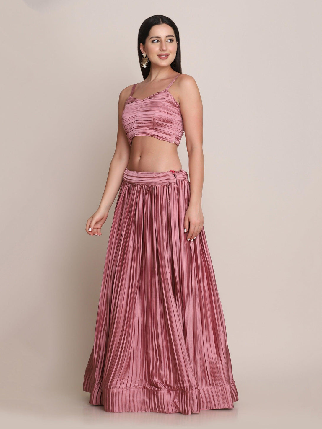 Light Pink Pleated Solid Lehenga Choli - Indiakreations