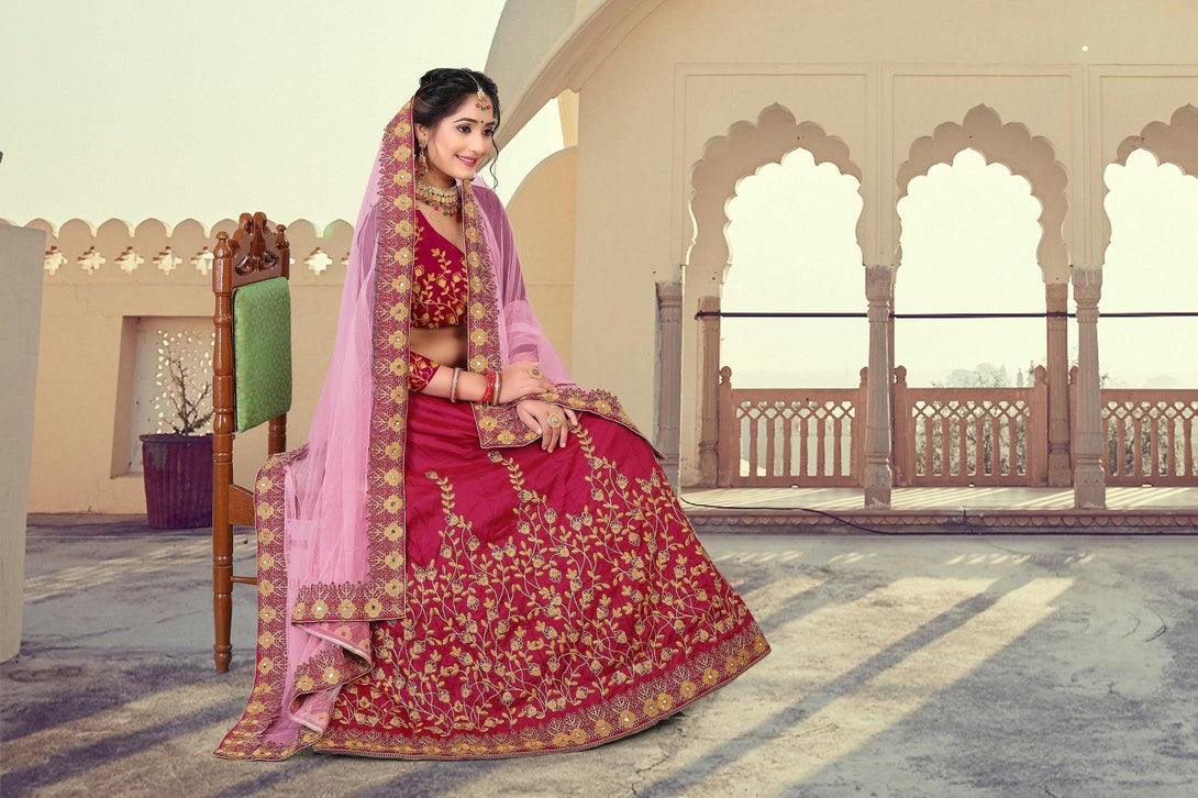 Pink Taffeta Silk Gold Embroidered Lehenga Choli - Indiakreations