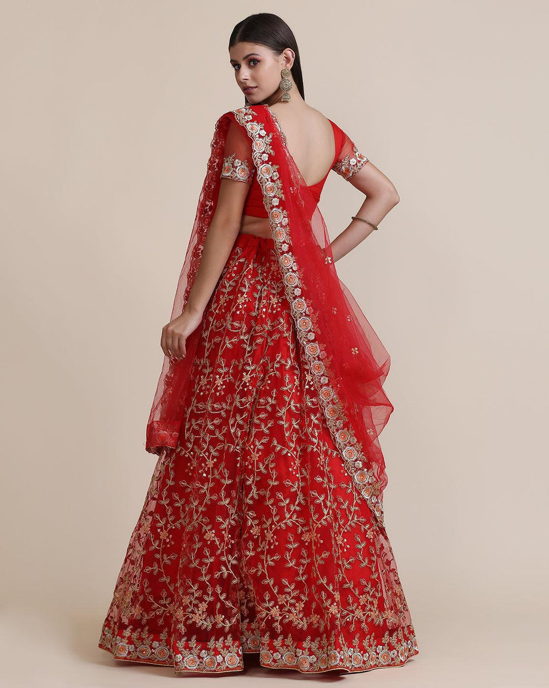 Red Net Lehenga Choli with Heavy Gold Embroidery - Indiakreations