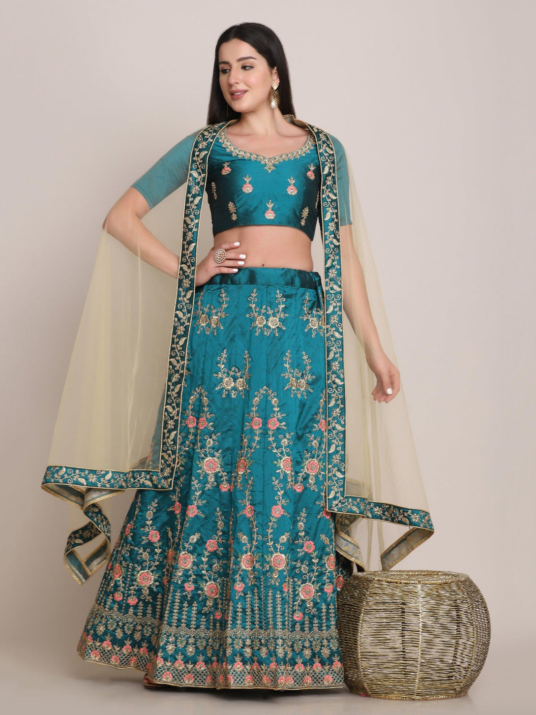 Sea Green Taffeta Silk Embroidered Lehenga Choli - Indiakreations