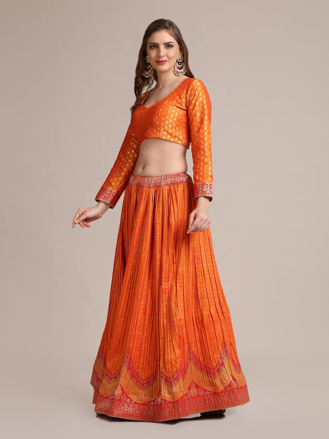 Orange Gold Woven Pleated Lehenga Choli in Ethnic Pattern - Indiakreations