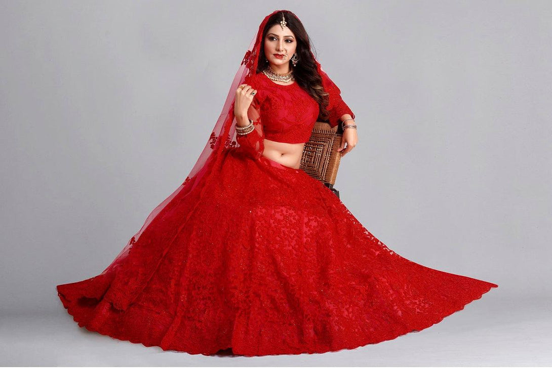 Red Net Lehenga Choli with Detailed Floral Embroidery - Indiakreations