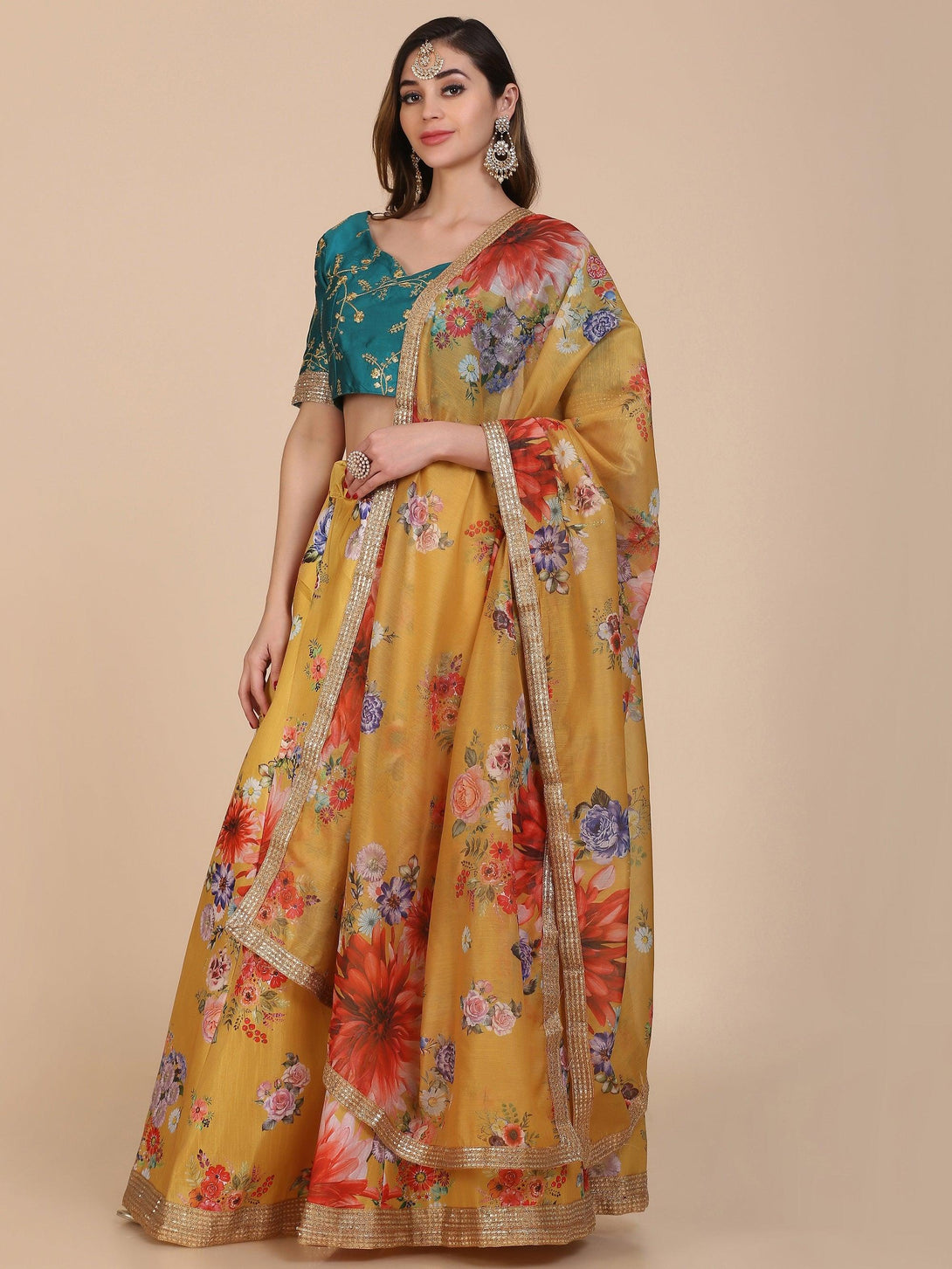 Yellow and Teal Silk Printed Lehenga Choli - Indiakreations